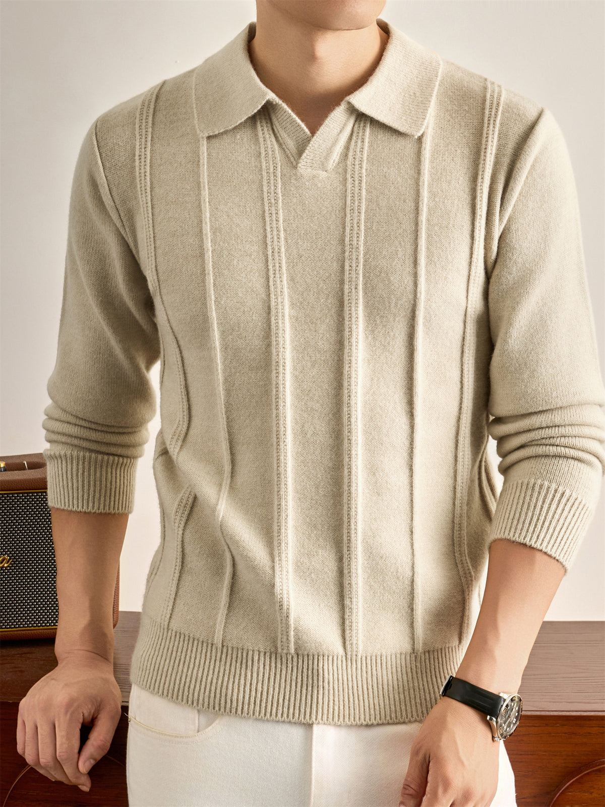 Men's Solid Color Lapel Polo Sweater - Thick Warm Knit Pullover with Lapel Collar, Long Sleeve Winter Sweater Suitable for Fall/Winter, Casual Office Wear, Basic Knitwear for Layering (Hand Washable) - Asami
