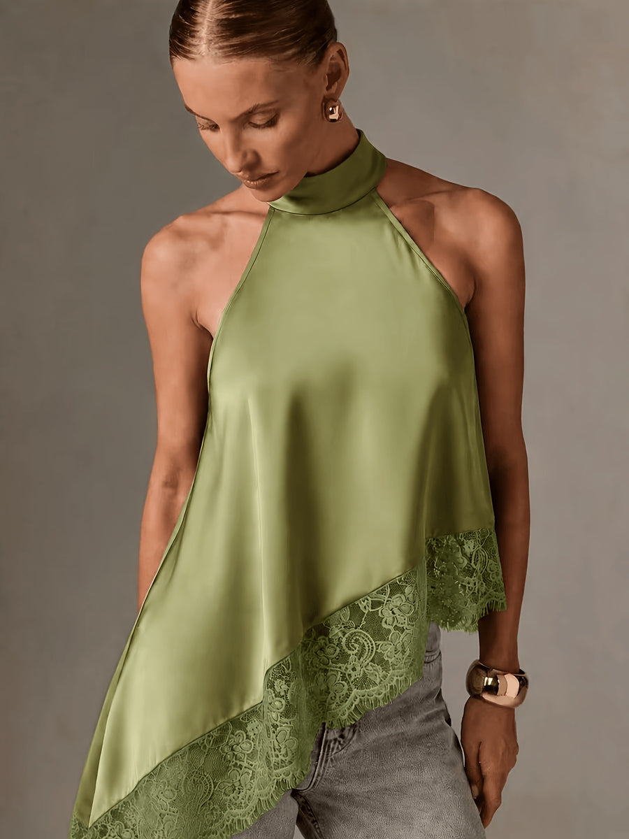 Directional Style Irregular Patchwork Lace Neckline Halter Elegant Temperament Top Halter Vest - Green