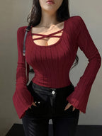 Pure Desire Style U-Neck Flared Sleeve Top - Burgundy