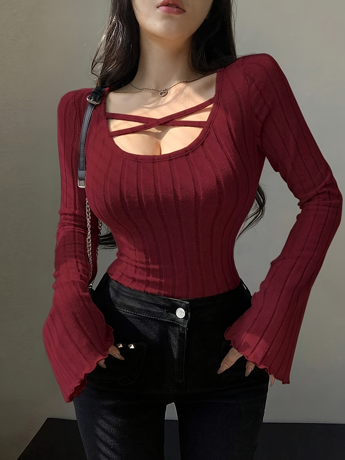 Pure Desire Style U-Neck Flared Sleeve Top - Burgundy
