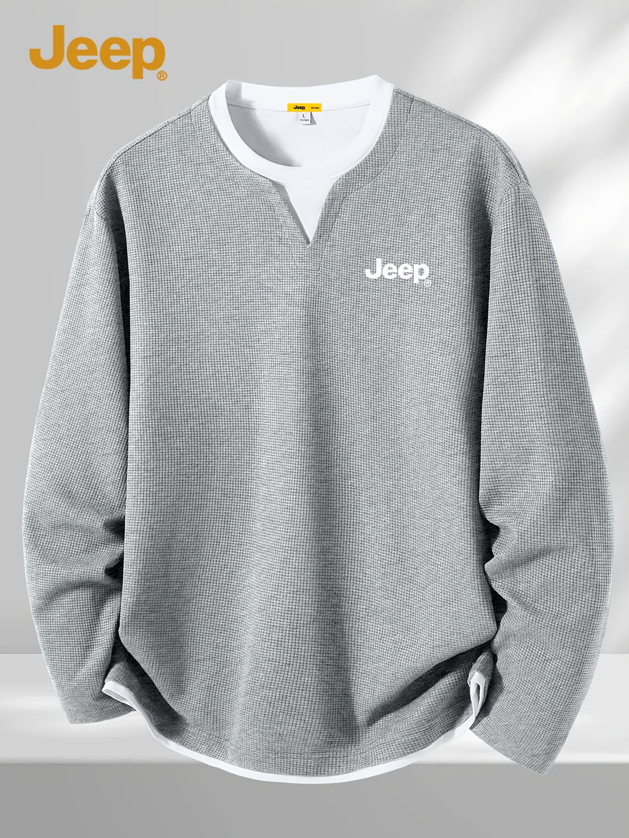 JEEP Men's Spring/Autumn Waffle Knit Colorblock 2-in-1 Look Long T-shirt - Grey