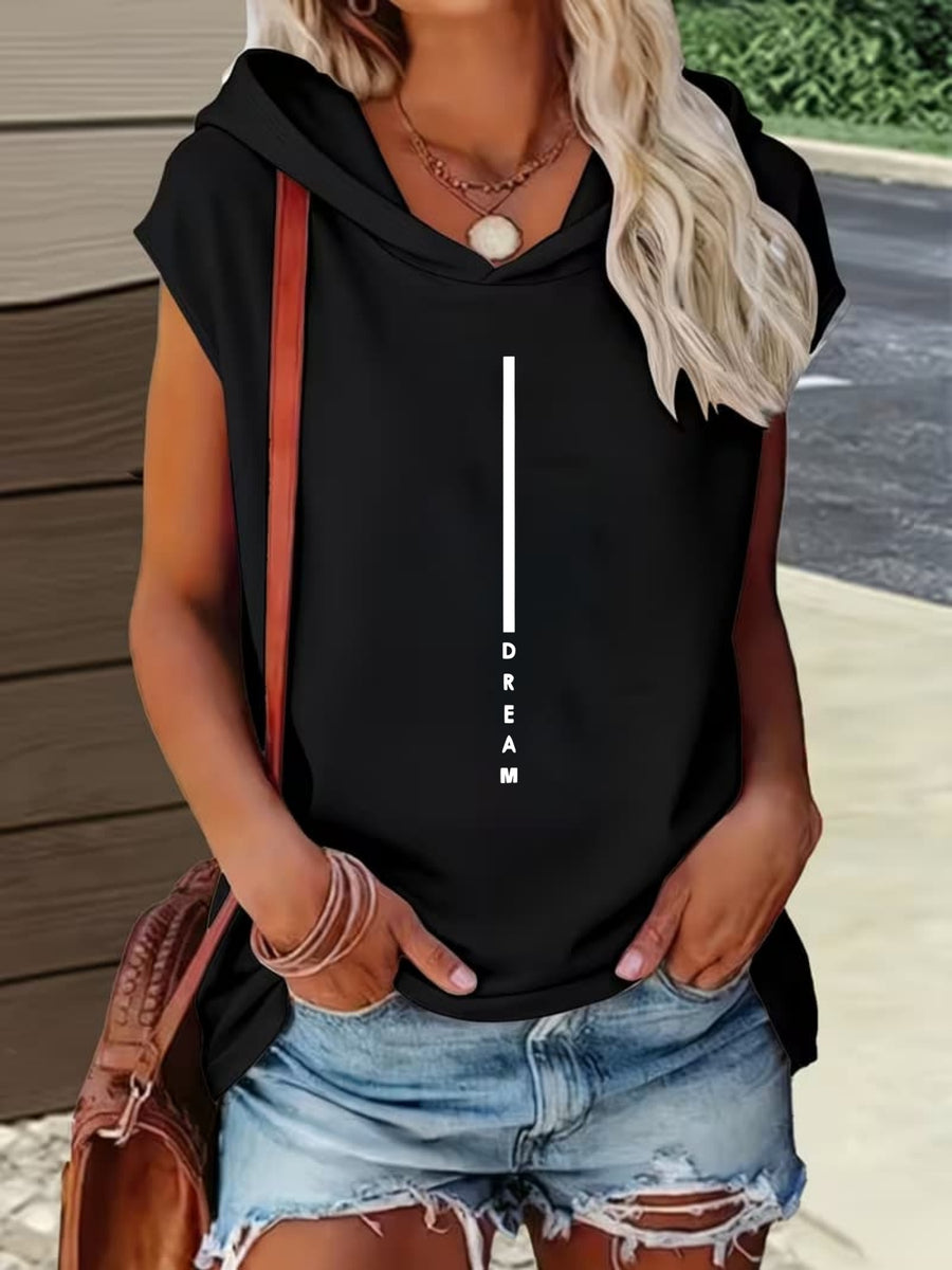 Loose-Fit Comfortable Style, Hooded Design with Printed Pattern, Comfortable And Versatile Style, New Summer Y2K Style Women'S, Elegant, Fashionable, And Comfortable T-Shirt Top - Black