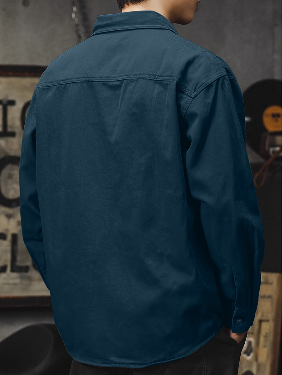 Men'S Cargo Shirt Spring Autumn Long Sleeve Top Vintage Workwear Style Multi-Pocket American Casual Top Outerwear, New Season - Navy Color