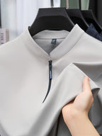 [Josh Mei Obm] Summer Men'S Solid Color Short Sleeve Zipper T-Shirt, Mid-Age Casual Stand-Up Collar Pullover Top - Beige Color