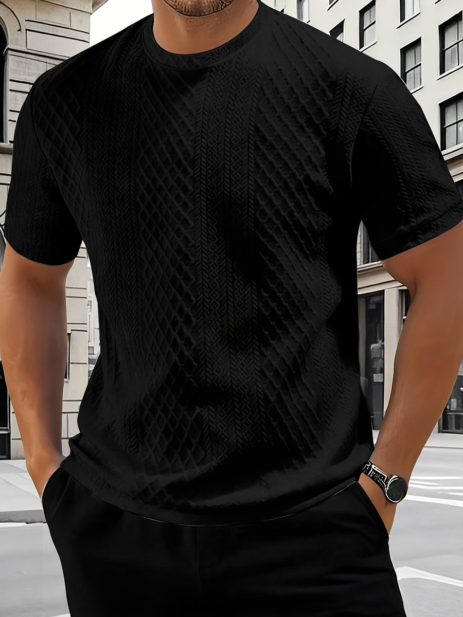Men'S Round Neck Textured Fabric Short Sleeve T-Shirt, Suitable for Summer Casual Sports - Black