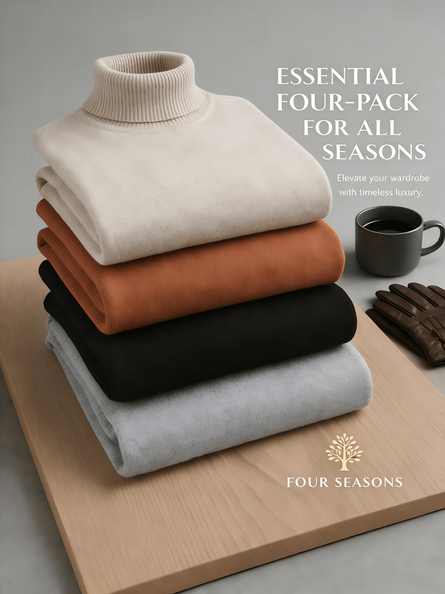 Four Seasons Luxury High-Neck Knit 4pcs Set. Crafted from Skin-friendly Knitted Fabric with a Delicate Texture That Emits a Soft, High-end Glow. The Soft, Smooth Feel Offers Unrestricted Comfort Against the Skin. The Classic High-neck Design Provides - Light Gray + Black + Caramel + Apricot