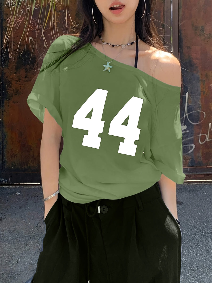 Women'S Casual Off-Shoulder Short Sleeve Number Print Pattern T-Shirt, Slouchy Casual Short Sleeve, Regular Loose Summer Short Sleeve Top - Tactical Green