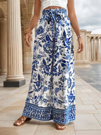 Women'S Loose And Porcelain Rubber Band Wide Leg Long Pants - Blue Flower On White