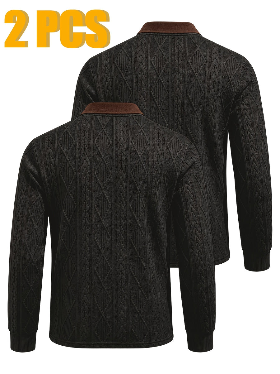 2pcs Men's Fashion Long-Sleeve Polo Shirt | High-End Contrast Color Lapel Jacquard Design T-Shirt | Essential Golf Polo Outfit | Breathable, Warm, Skin-Friendly, and Comfortable | for Indoor Gatherings and Outdoor Sports | Wardrobe Essential Casual - Black+black
