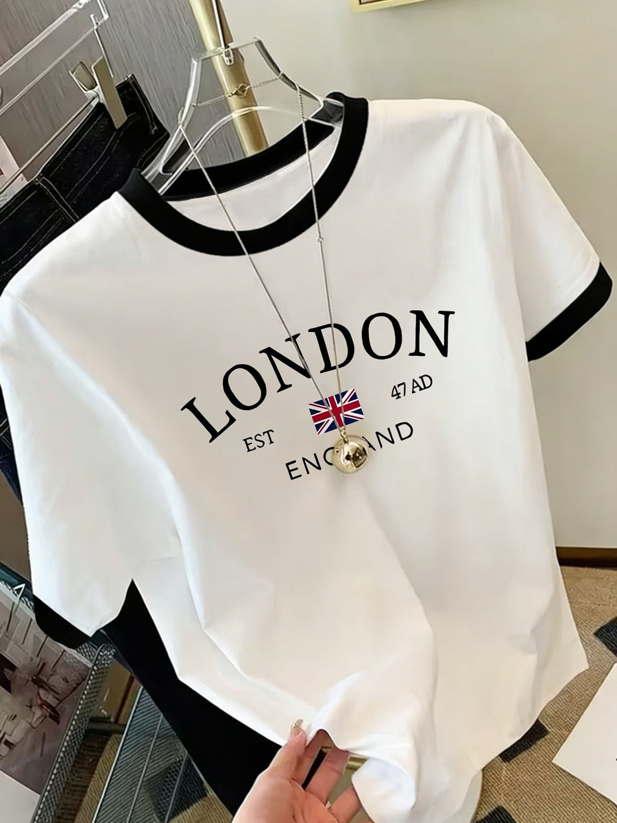 A Spring/summer Casual Loose-fitting T-shirt That Conceals Curves, Featuring a Versatile Color-blocked Round Neck and Short Sleeves, with a Simple and Stylish London Flag Letter Print Pattern. Women's Clothing - D374-L17570 - White