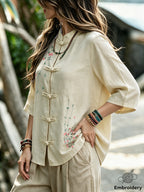 INS Chinese Style Shirt - Women'S Mid-Length Cheongsam Cardigan, Retro Button-Front And Embroidered Stand Collar, Suitable for Daily, Office, And Semi-Formal Wear, Machine Washable, All-Season Casual Top A281 - Apricot