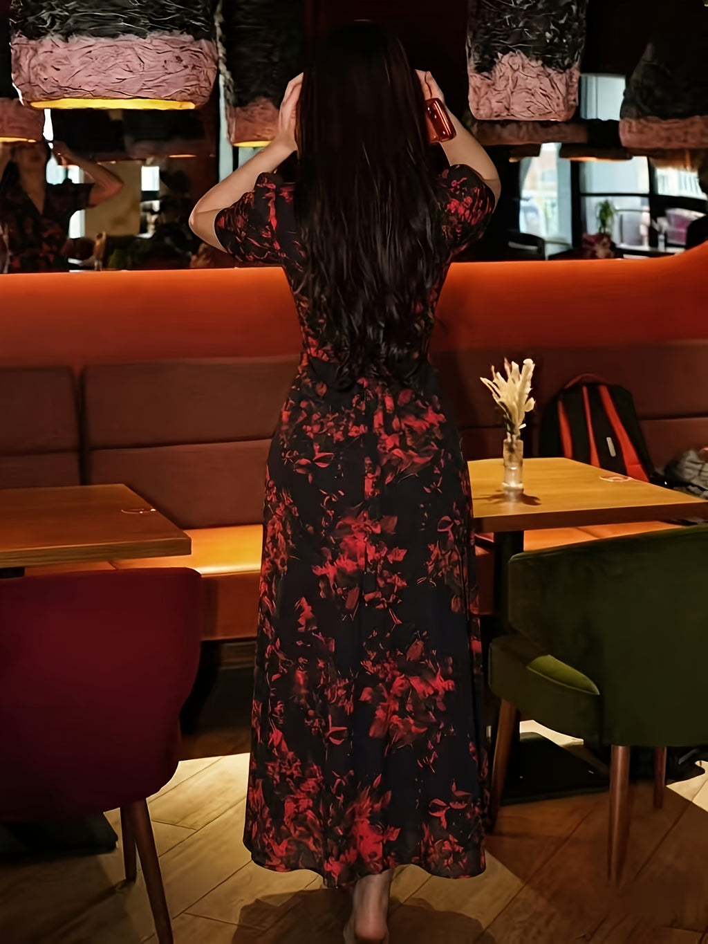 Women's French Vintage Lapel Collar Dress with Waist Cinch - Short Sleeve -Neck -Line Midi Dress, Blouse-Suitable for Daily Commuting, Short Bell Sleeves & Contrast Collar, Spring Summer Office to Casual Wear (Machine Washable) - Deep Red