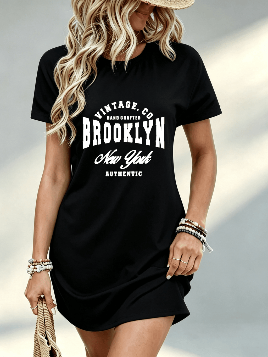 [Printed Design - Not Textured] Vintage Brooklyn Graphic Print, Women'S Dress, Casual Summer Outing, Gift for Her, 100% - Black