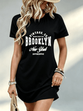 [Printed Design - Not Textured] Vintage Brooklyn Graphic Print, Women'S Dress, Casual Summer Outing, Gift for Her, 100% - Black