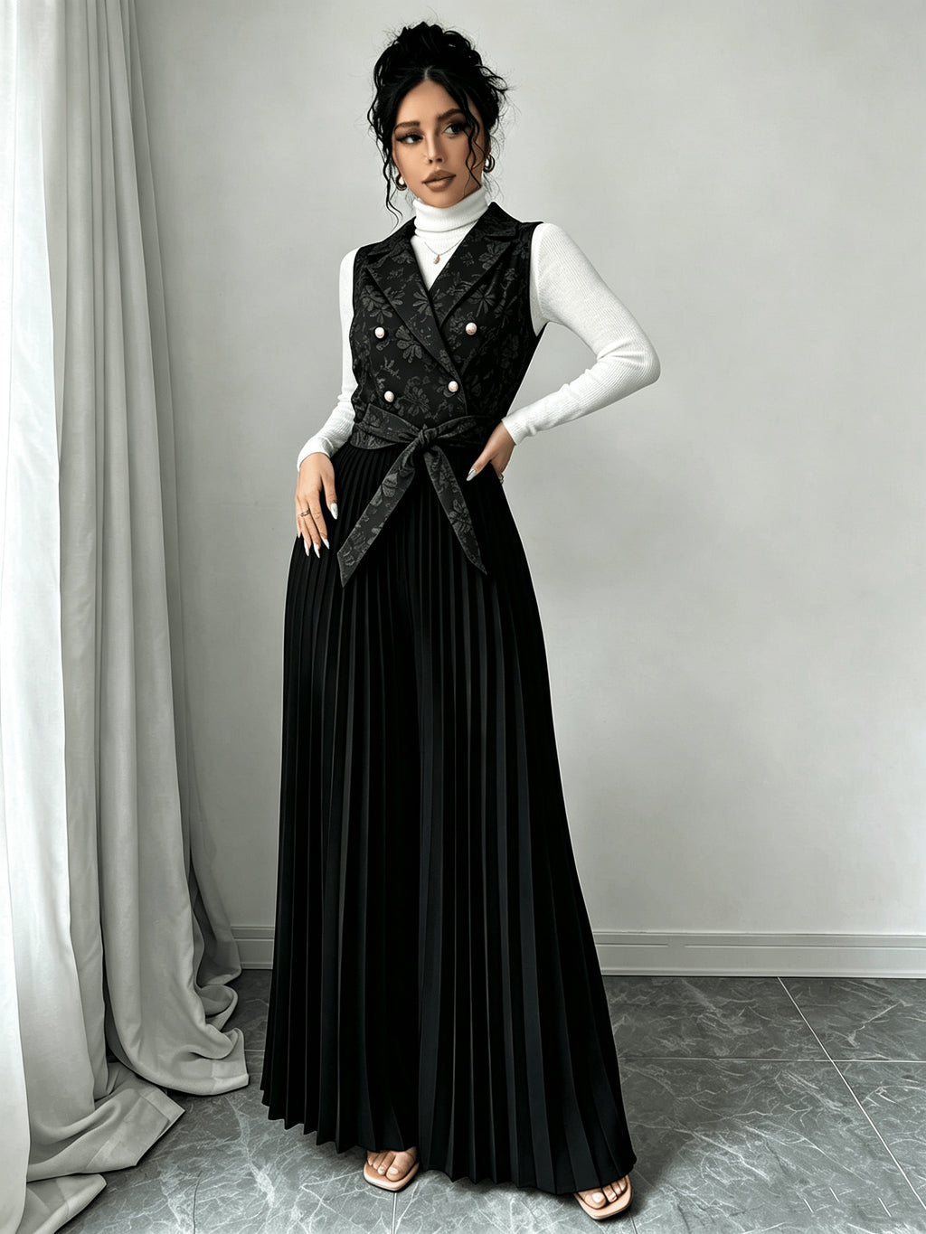 Women's Elegant and Stylish Commuter Brocade Sleeveless Double-Breasted Notched Lapel Waist-Cinching Pleated Pants Jumpsuit for Autumn/Winter - Black