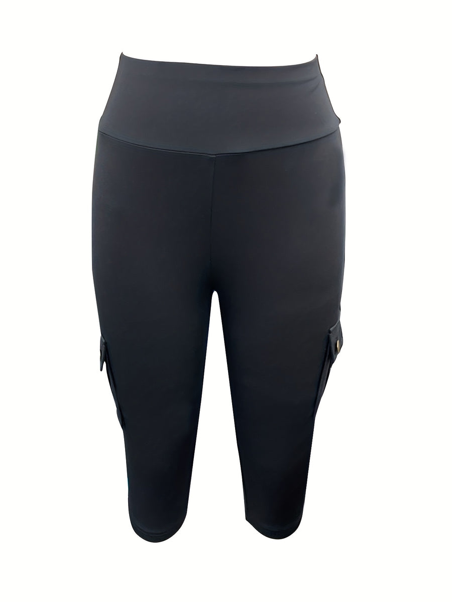 Women's Short Capri Pants, Cropped Fitted High-Waist 4-Pocket Cargo Work Pants, Summer Bermuda Capri Pants, Cycling Capri Pants, Women's Cropped Leggings, Women's Caution Capri Pants - Black