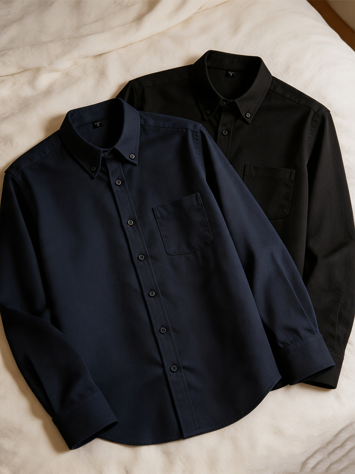 1+1 2pcs Classic Men's Oxford Plain Color Shirt, Long Sleeve Spring/Autumn Pocket Lapel Shirt for Casual Daily Outings - Navy Blue+Black