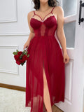 Plus size Women's solid color semi transparent lace patchwork suspender nightgown, heart-shaped rhinestone with bow decoration, casual, loose and comfortable, sexy nightgown, ideal gift for Valentine's Day, Christmas - Burgundy