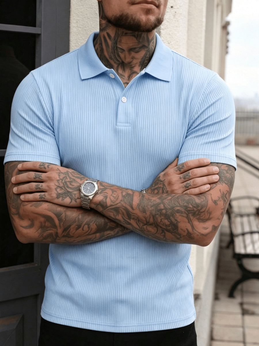 Men'S Classic Polo Shirt, Double-Button Closed Texture Shirt, Summer Fashion Golf Shirt, Casual Sportswear, Lightweight And Breathable, Vertical Stripe Design, 80% Polyester 20% Spandex, Ice-Sense High-Elastic Fabric - Sky Blue