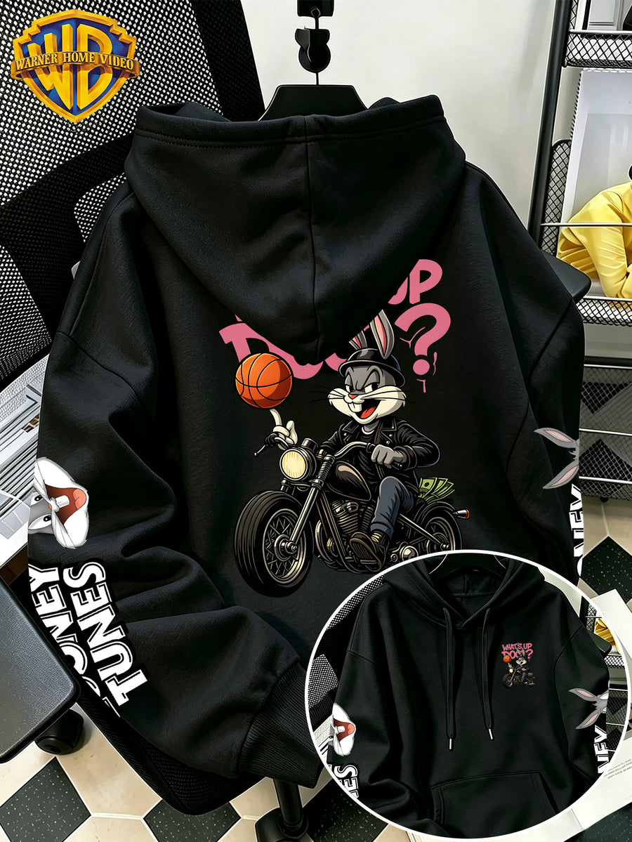 [Warner Bros] Licensed Men'S New Trendy Hoodie, Biker Motorcycle Basketball Street Cartoon Print Casual Pullover Sweatshirt, Everyday Drawstring Loose Top, Machine Washable All-Match Sports Casual Men'S Top - Black