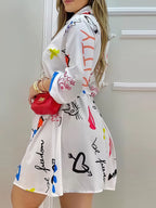 Women's Fashion Printed Belted Mid-length Sleeve Shirt Dress - Mixed colors