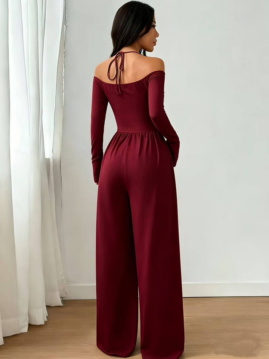 Women's Casual Solid Color Long Sleeve Halter Neck Off-Shoulder Wide Leg Jumpsuit - Burgundy