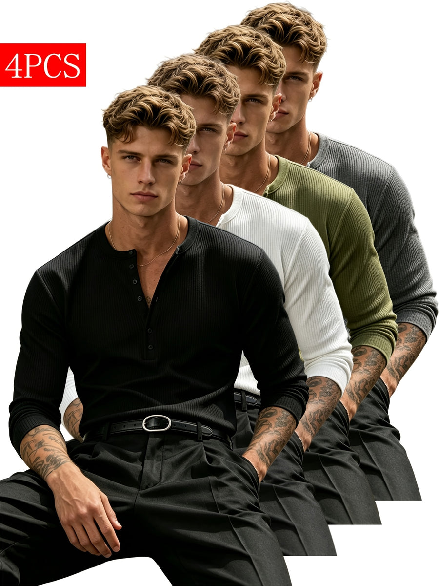 Mature Men'S 4pcs Textured Henley Long Sleeve Shirt Set, Slim Fit Ribbed Half-Button Pure Color T-Shirt, Light Business Commute Soft Skin-Friendly Elastic Inner Layer Base Shirt - Mixed colors