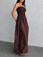 Women's Strapless Shirred Camisole Maxi Dress - High-Waisted A-Line Bridesmaid Dress with Thin Shoulder Strap & Smock Top, Solid Color Suitable for Wedding Guest Dresses, Daily Wear, Parties, Vacations, Machine Washable - Burgundy