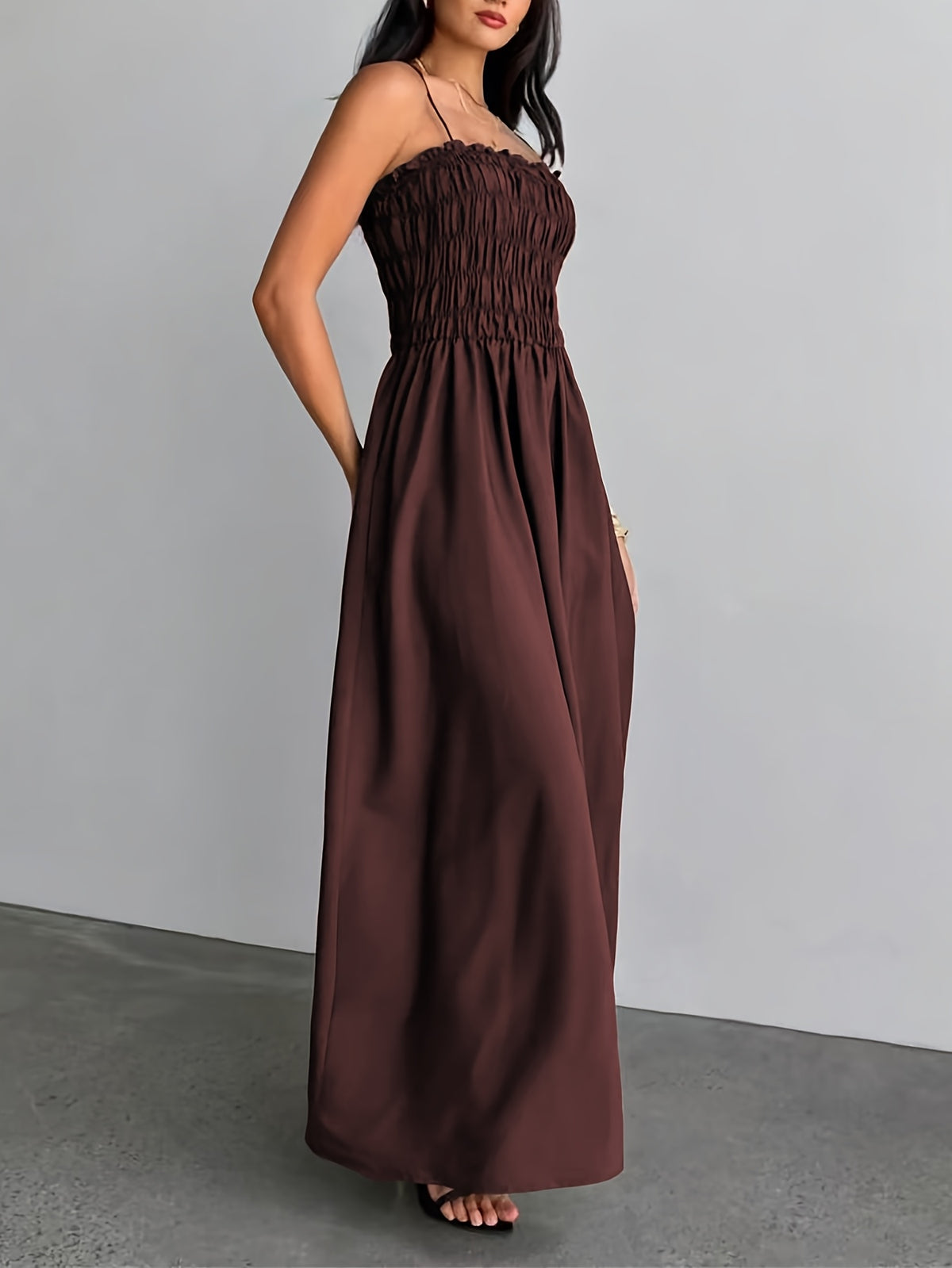 Women's Strapless Shirred Camisole Maxi Dress - High-Waisted A-Line Bridesmaid Dress with Thin Shoulder Strap & Smock Top, Solid Color Suitable for Wedding Guest Dresses, Daily Wear, Parties, Vacations, Machine Washable - Burgundy