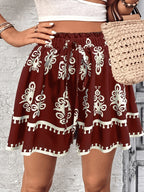Latin Style Women'S Bohemian Printed Loose Skirt Shorts - Burgundy