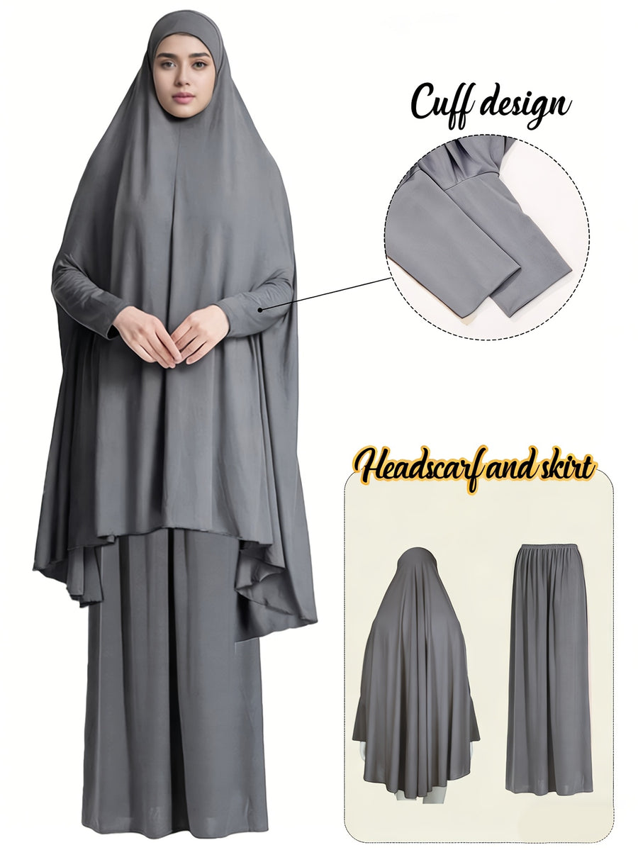 2pcs Women'S Solid Color Robe And Skirt Set, a Conservative And Elegant Outfit for Everyday Wear, Featuring Sleeves Inspired by Middle Eastern Traditional Culture, Abayas - Dark Gray