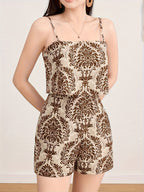Women'S Elegant Off-Shoulder Jumpsuit - & Brown Floral Print, Backless Design, Lightweight Summer Outfit for Parties, Dates - Dark Brown