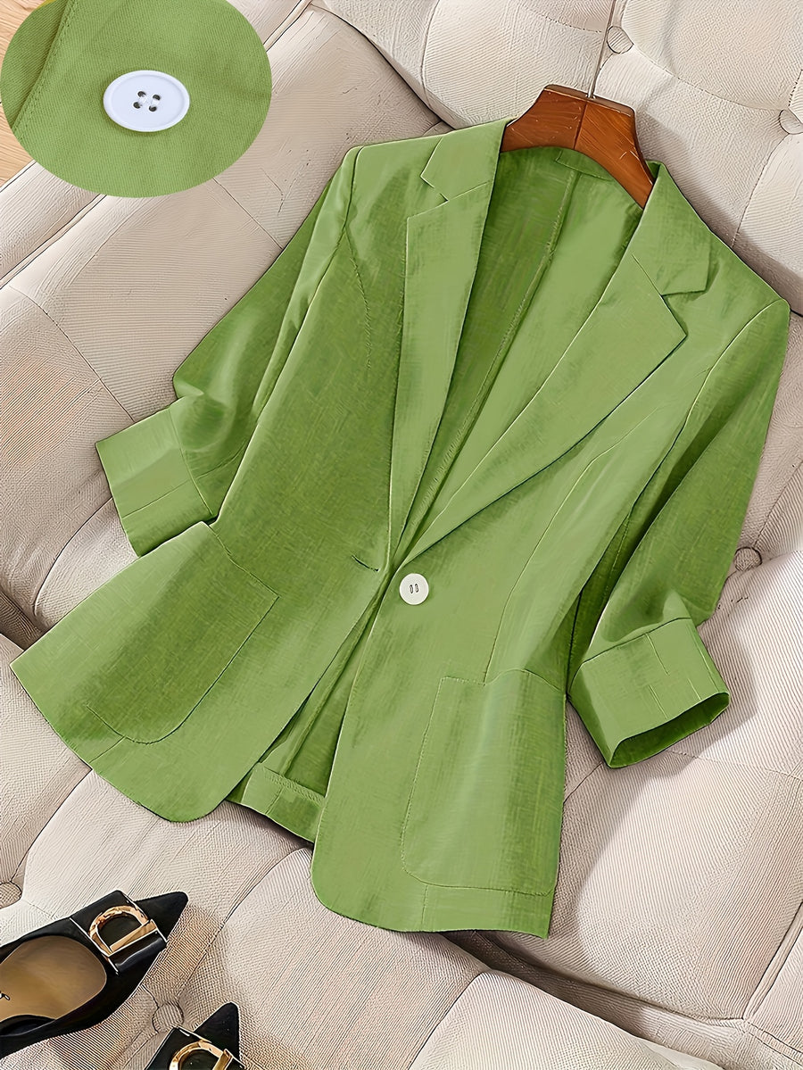 2026 New Premium Solid Color Single-Button Suit Jacket, Elegant 3/4 Sleeve, Comfortable And Breathable Casual Outerwear, Elegant Style Suitable for Daily Spring Summer Autumn, All-Match Temperament Suit - Green