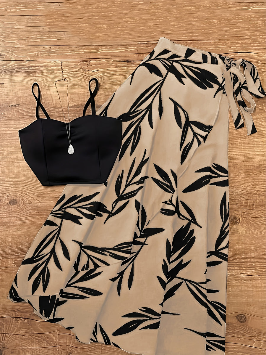 Women'S Spring Autumn Elegant Lace-Up Skirt And Cami Top 2pcs Set - Khaki