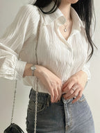 Solid Color Shirt Women'S French Long Sleeve Blouse Jacket Autumn Winter Thin Women'S Clothing Design-Oriented Shirt Top - White