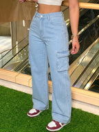 Women's High-Waisted Wide-Leg Cargo Jeans Pants - Light Blue Workwear with Multiple Utility Pockets, Belt Loops & Straight-Leg Fit (No Tapered Ankle) - Spring/Summer Denim Trousers for Casual & Professional Outfits - Light Blue