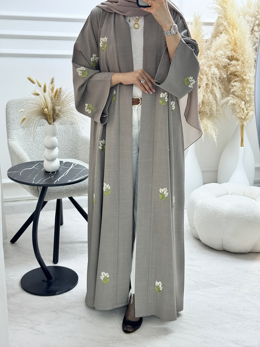 Middle Eastern Ramadan Open-Floral Embroidery Elegant Women's Outerwear, Daily Outing Casual Loose Robe Abaya - Grey