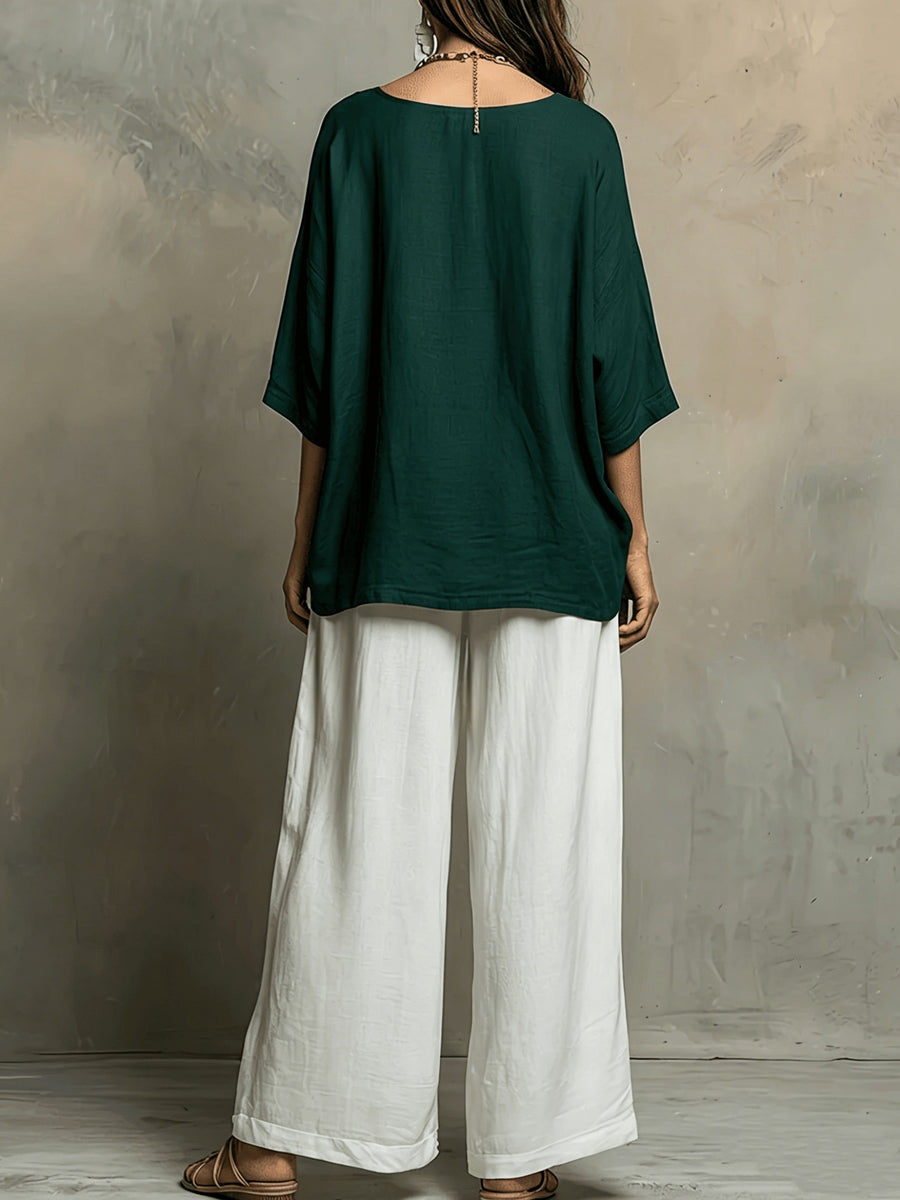 Bohemian Spring Summer New Loose Elegant Color-Block Set Women'S Round Neck Short Sleeve Solid Top And High-Waist Wide-Leg Pants 2pcs Set Western Casual Vacation Suit - Dark Green