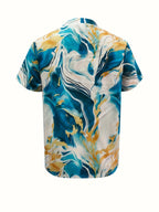 Women's Elegant Marble Print Short Sleeve Shirt - Lake Blue & Golden Geometric V-Neck Top, Lightweight Professional Blouse for Spring/Summer, Machine Washable Office & Casual Wear, Summer Fashion, Sophisticated Texture, Spring Outfit, Durable - Lake Blue