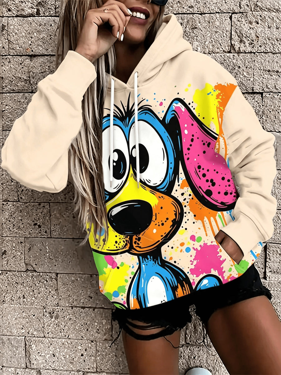 Digital Print - Fashionable Women'S Loose Casual Street Style Hooded Sweatshirt with Colorful Cartoon Dogs And Splatter Background, Easy to Wear, Color-Blocking Design, Loose Fit, Trendy Top, Fits The Current Popular Relaxed Style - Mixed colors