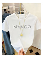 Women's White "MANGO" Letter Print Casual T-Shirt, Made of Polyester Fabric, Available in Multiple Specifications, Casual Loose Fit Top for Daily Wear and Casual Occasions - White