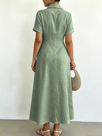 Women's Blended Fabric Shirt Dress with Lapel Collar, Half-Button Short Sleeves, A-Line Midi Length, Summer Casual Light Business Commuter Dress - Green