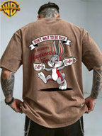 Warner Bros. Officially Authorizes Joyful Cartoon Rabbit Handheld Two Cups of Coffee Printed Retro Washed Outdated Short Sleeve T-Shirt for Men And Women, Machine Washable Daily Commuter Outdoor Sports And Leisure Top - Coffee Color