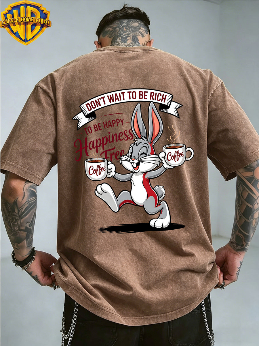 Warner Bros. Officially Authorizes Joyful Cartoon Rabbit Handheld Two Cups of Coffee Printed Retro Washed Outdated Short Sleeve T-Shirt for Men And Women, Machine Washable Daily Commuter Outdoor Sports And Leisure Top - Coffee Color