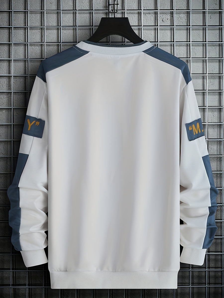 1pc Men's Casual Sportswear Top, Pullover Fashion Long Sleeve, Suitable for Spring and Autumn Outdoor Daily Running, Color-Block Letter Men's Sweatshirt - White