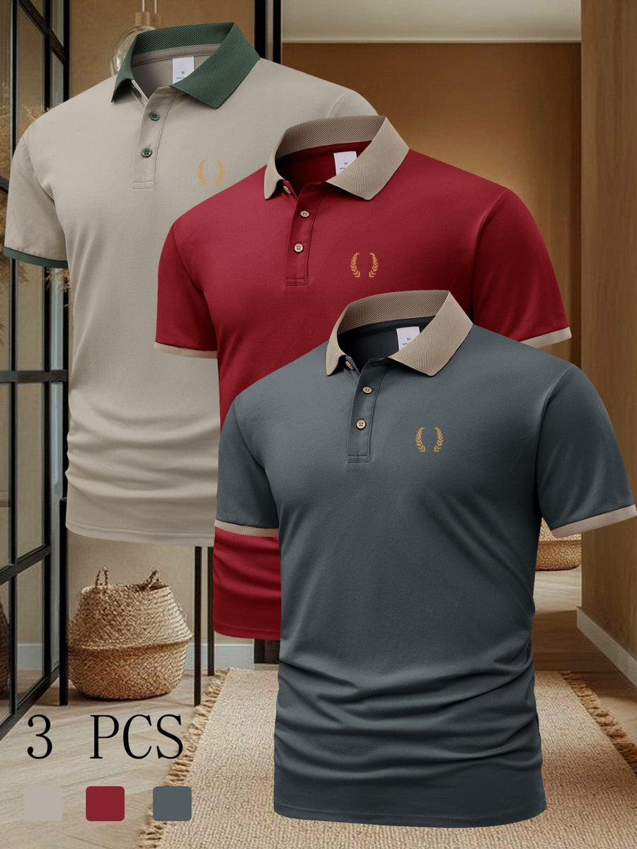 FC660 Wheat Print Pattern 3pcs Set Summer Men'S Casual Short-Sleeved POLO Shirt Lapel Top Fashion Casual Daily Business Top - 【Khaki+Red+Gray】