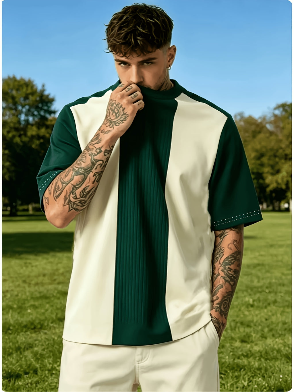 [Printed Design – Not Texture] New Trendy Fashion Men's T-shirt, Men's Color-block Spliced Half-turtleneck Short-sleeve T-shirt in Dark Green with White Vertical Stripe Textured Print, Round-neck Top, Light-mature Style Casual T-shirt, a Perfect Gift - Mixed colors