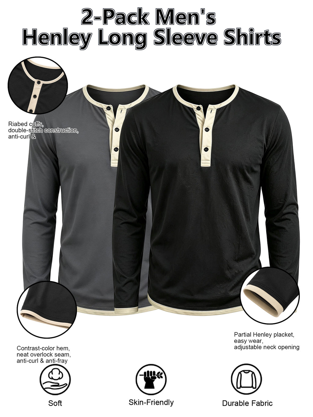 2pcs Men's Long Sleeve Henley Shirt, Versatile T-Shirt for Spring, Summer, and Autumn, Vacation and Streetwear, Half-Button Crew Neck Design, Soft, Comfortable, and Durable Knitted Fabric, Regular Fit, Solid Color, Suitable for Outdoor Leisure - Black+Dark Grey