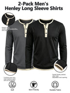 2pcs Men's Long Sleeve Henley Shirt, Versatile T-Shirt for Spring, Summer, and Autumn, Vacation and Streetwear, Half-Button Crew Neck Design, Soft, Comfortable, and Durable Knitted Fabric, Regular Fit, Solid Color, Suitable for Outdoor Leisure - Black+Dark Grey