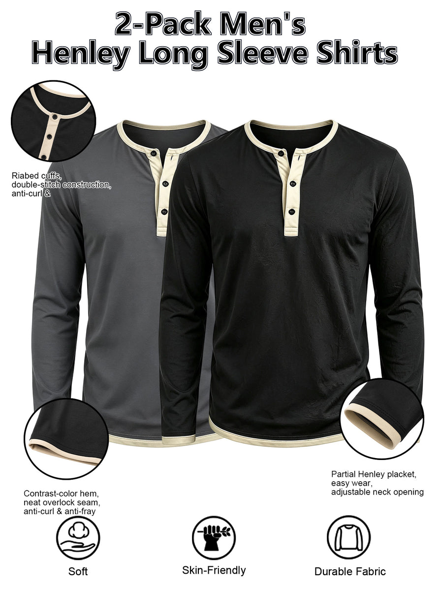 2pcs Men's Long Sleeve Henley Shirt, Versatile T-Shirt for Spring, Summer, and Autumn, Vacation and Streetwear, Half-Button Crew Neck Design, Soft, Comfortable, and Durable Knitted Fabric, Regular Fit, Solid Color, Suitable for Outdoor Leisure - Black+Dark Grey